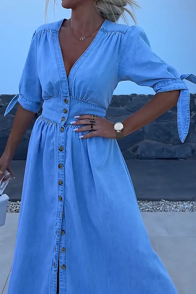 V-neck denim casual dress