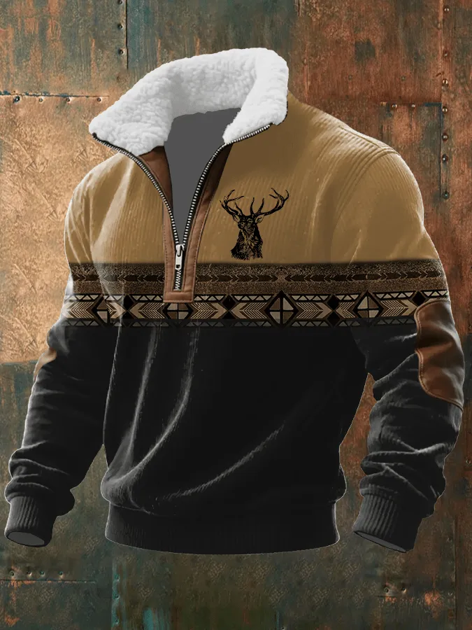 Men's Retro Western Print Knit Fabric Zipper Fur Collar Long Sleeve Sweatshirt