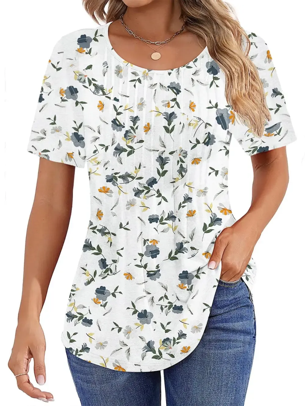 📣Women Summer Pleated Short Sleeve Tunic Blouses Tops