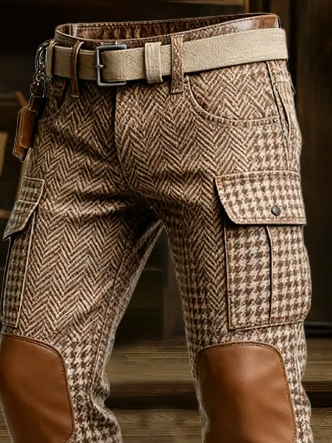 Men's Retro Herringbone Houndstooth Pattern Multi-Function Pocket Work Pants