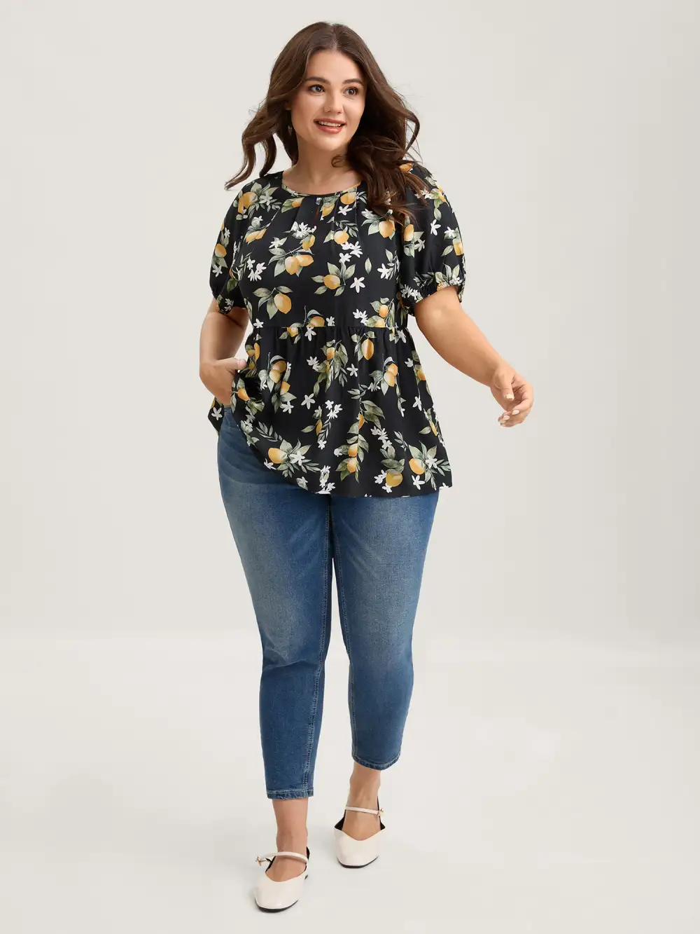 Citrus Print Bow Backless Blouse