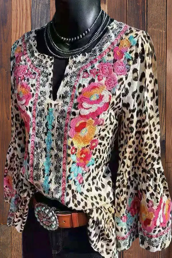 Leopard Print Floral Print Flared Sleeve Blouse