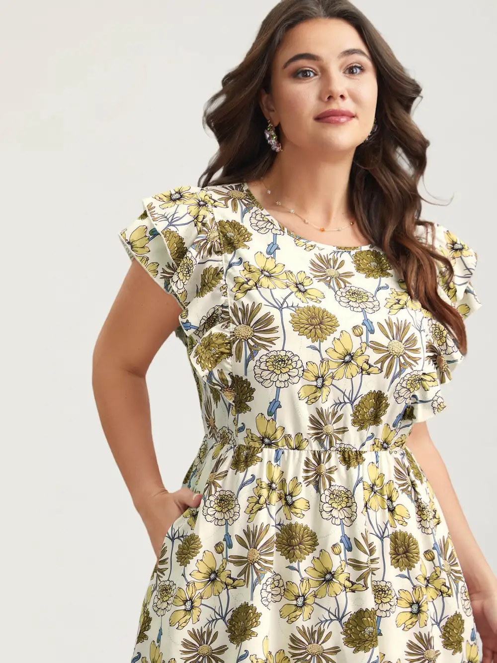 Ruffled Floral Print Stretchy-Waist Midi Dress