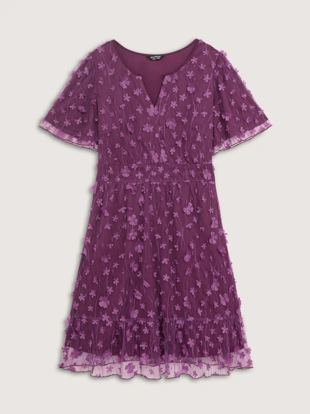 3D Floral Mesh Notched Neckline Midi Dress