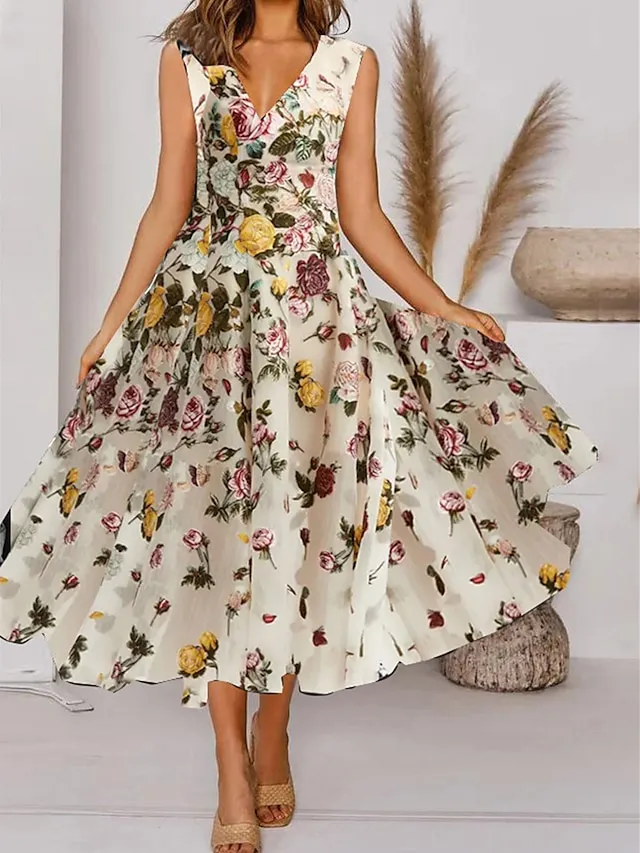 Women's Two Piece Dress Set Casual Dress Chiffon Dress Outdoor Daily Fashion Modern Print Midi Dress V Neck Half Sleeve Floral Regular Fit Red Summer Spring S M L XL XXL