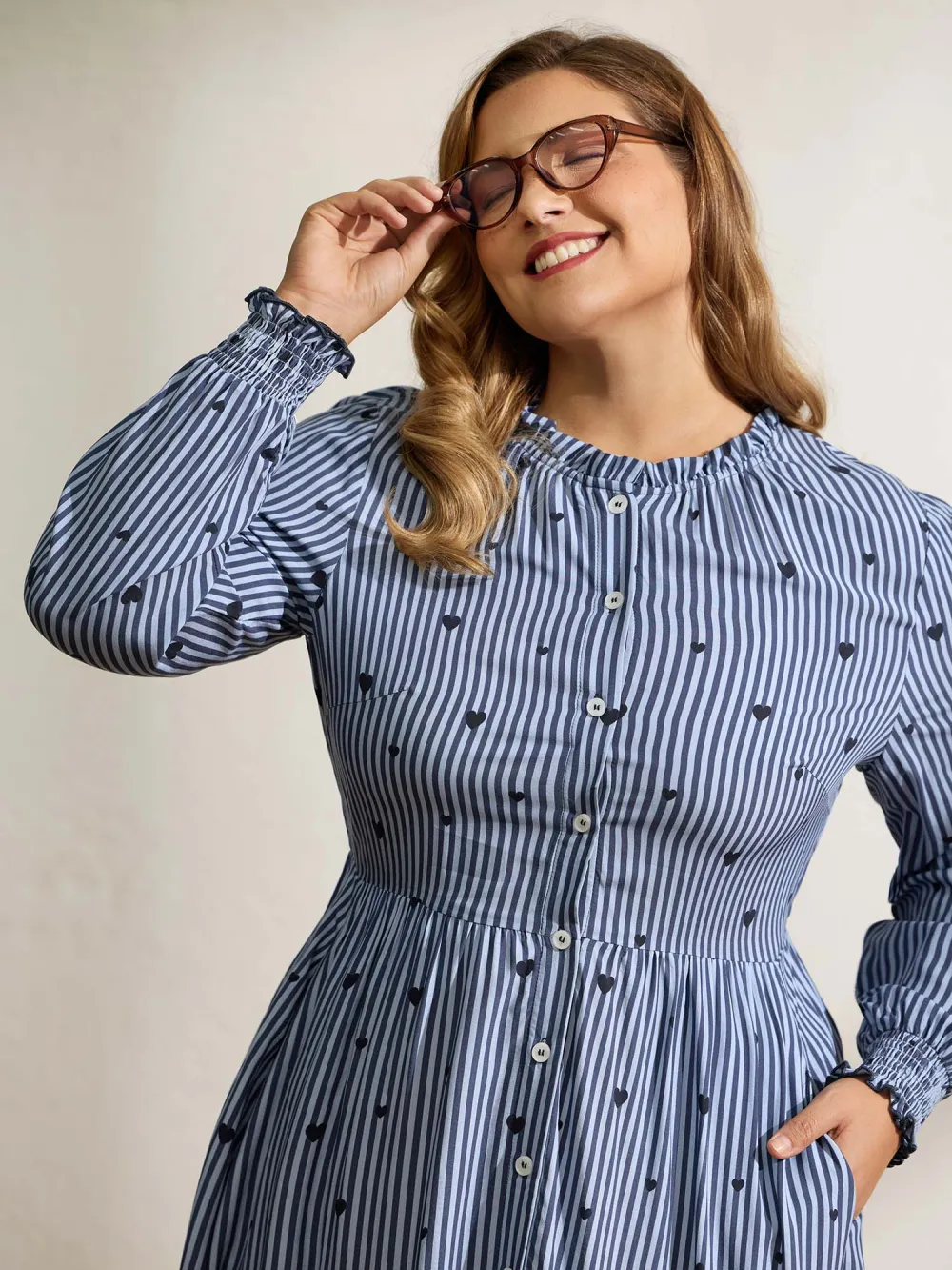 Stripe Hearts Pocket Shirt Maxi Dress