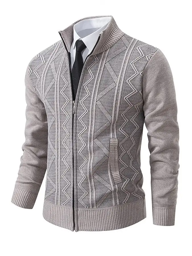 Men's Vintage Diamond Texture Stand Collar Zipper Jacket