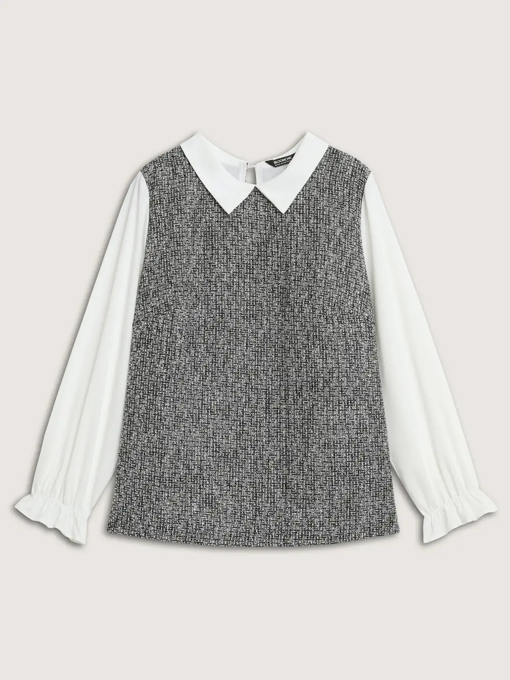 Tweed Patchwork Lantern Sleeve Blouse