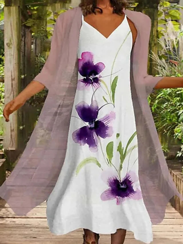 Women's Casual Dress Dress Set Two Piece Dress Long Dress Maxi Dress Blue Purple Green 3/4 Length Sleeve Floral Print Summer Spring V Neck Casual Loose Fit 2023 M L XL XXL 3XL
