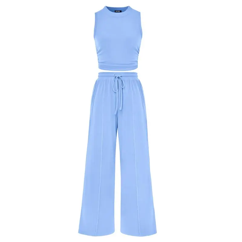 Women's Summer Ribbed Knit 2-Piece Set – Sleeveless Crop Top & Wide-Leg Pants