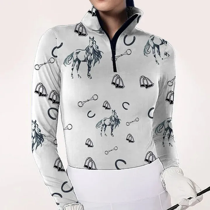 Horseshoes Women's Horse And Harness Print Long Sleeve Riding Style Casual Shirt