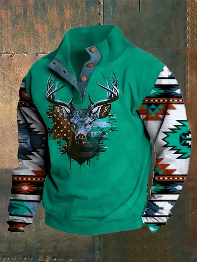 Men's Western Style Printed Stand Collar Button Sweatshirt
