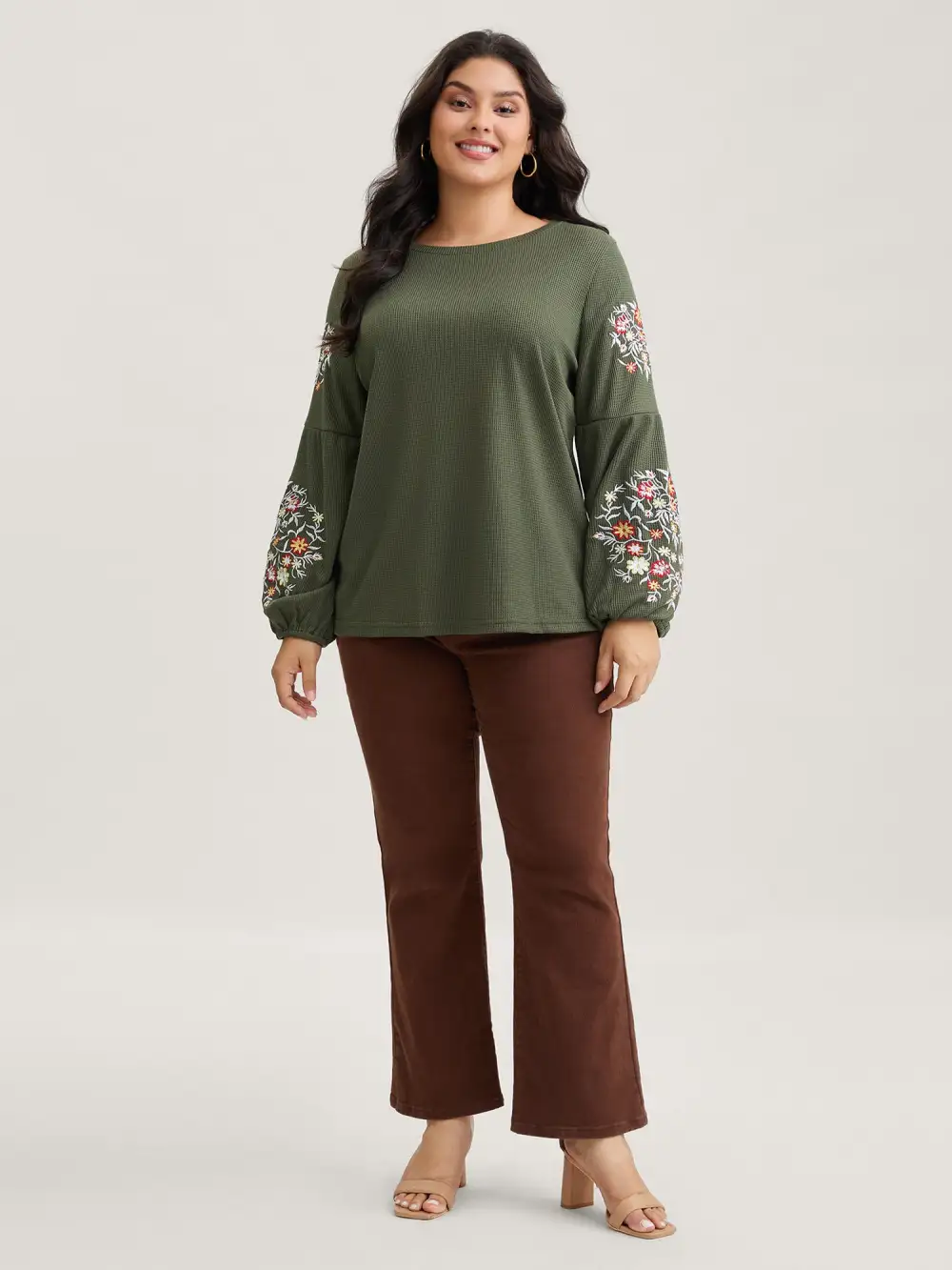 Waffle Knit Floral Embroidered Lantern Sleeve T-shirt