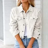 Women's Denim Jacket Comfortable Pocket Buttons Elegant Fashion Outdoor Plain Going out Casual Daily Weekend Cardigan Regular Lapel Regular Fit Long Sleeve Outerwear Black White Yellow Spring Fall