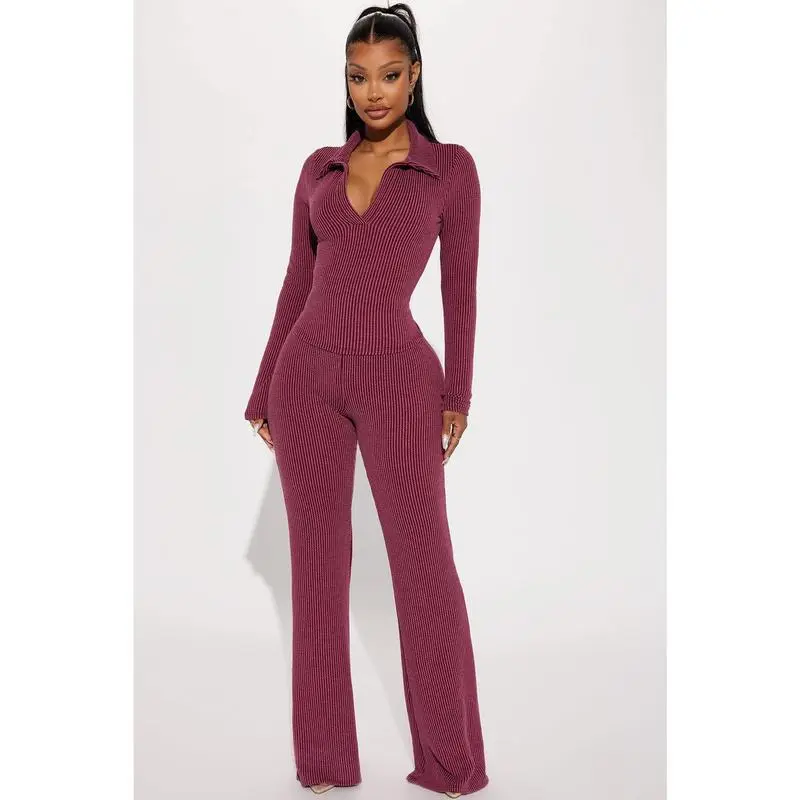 Ribbed Knit Collared Deep V Slim-Fit Set - Fashion Two-Piece with Flared Pants