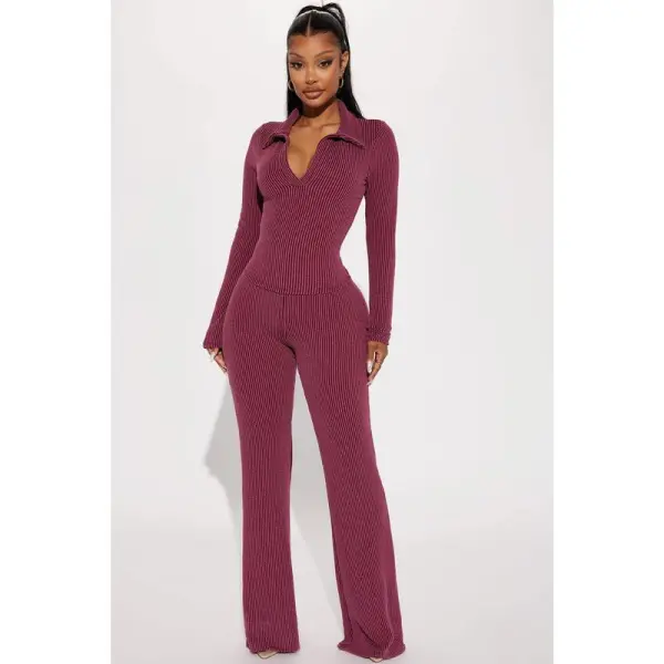 Ribbed Knit Collared Deep V Slim-Fit Set - Fashion Two-Piece with Flared Pants