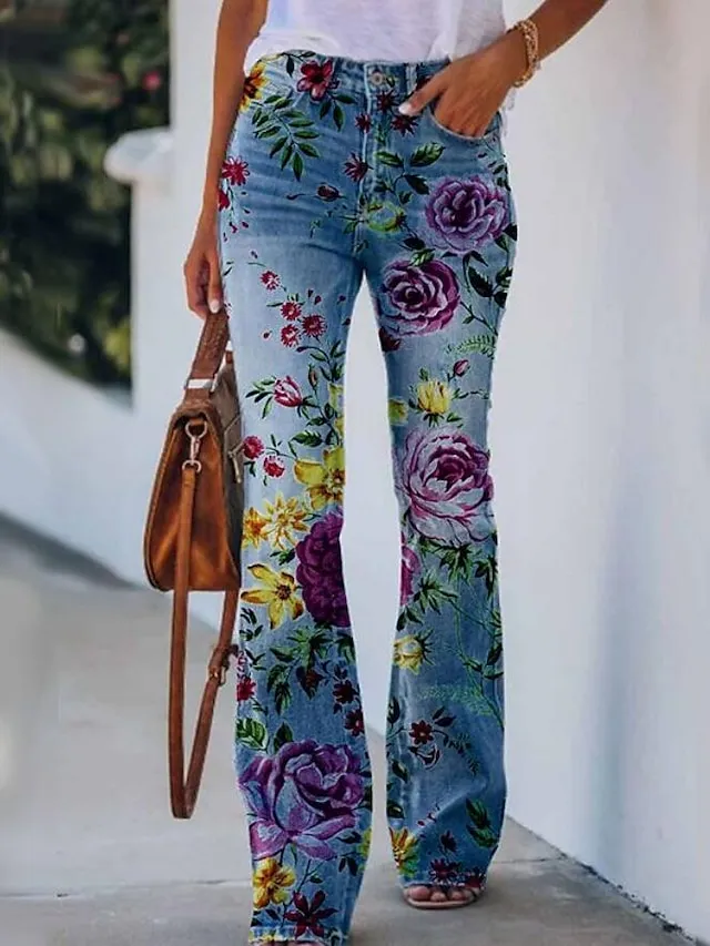 Women's Jeans Bootcut Flare Full Length Faux Denim Side Pockets Wide Leg High Elasticity Mid Waist Fashion Casual Weekend 31803 31806 S M