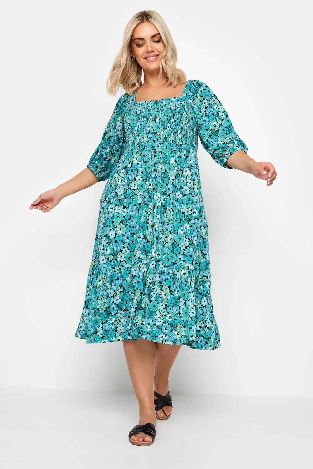 YOURS Curve Blue Floral Print Tiered Midi Dress