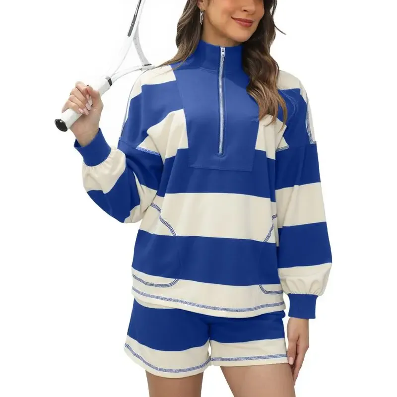 Women's Lounge Set 2 Piece Striped Long Sleeve Quarter Zip