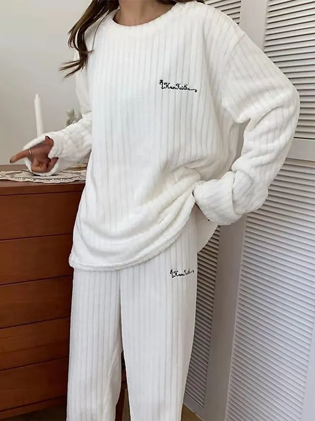 Women's Fleece Fluffy Fuzzy Warm Pajamas Sets Letter Plush Casual Comfort Home Daily Bed Coral Fleece Coral Velvet Warm Crew Neck Long Sleeve Pullover Pant Elastic Waist Fall Winter Light Pink White