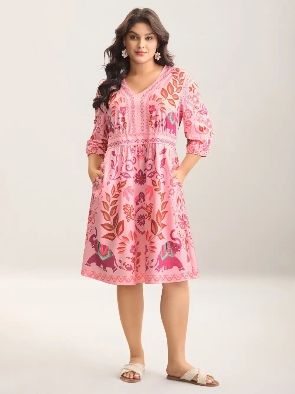 Boho Print V-Neck Pockets Midi Dress