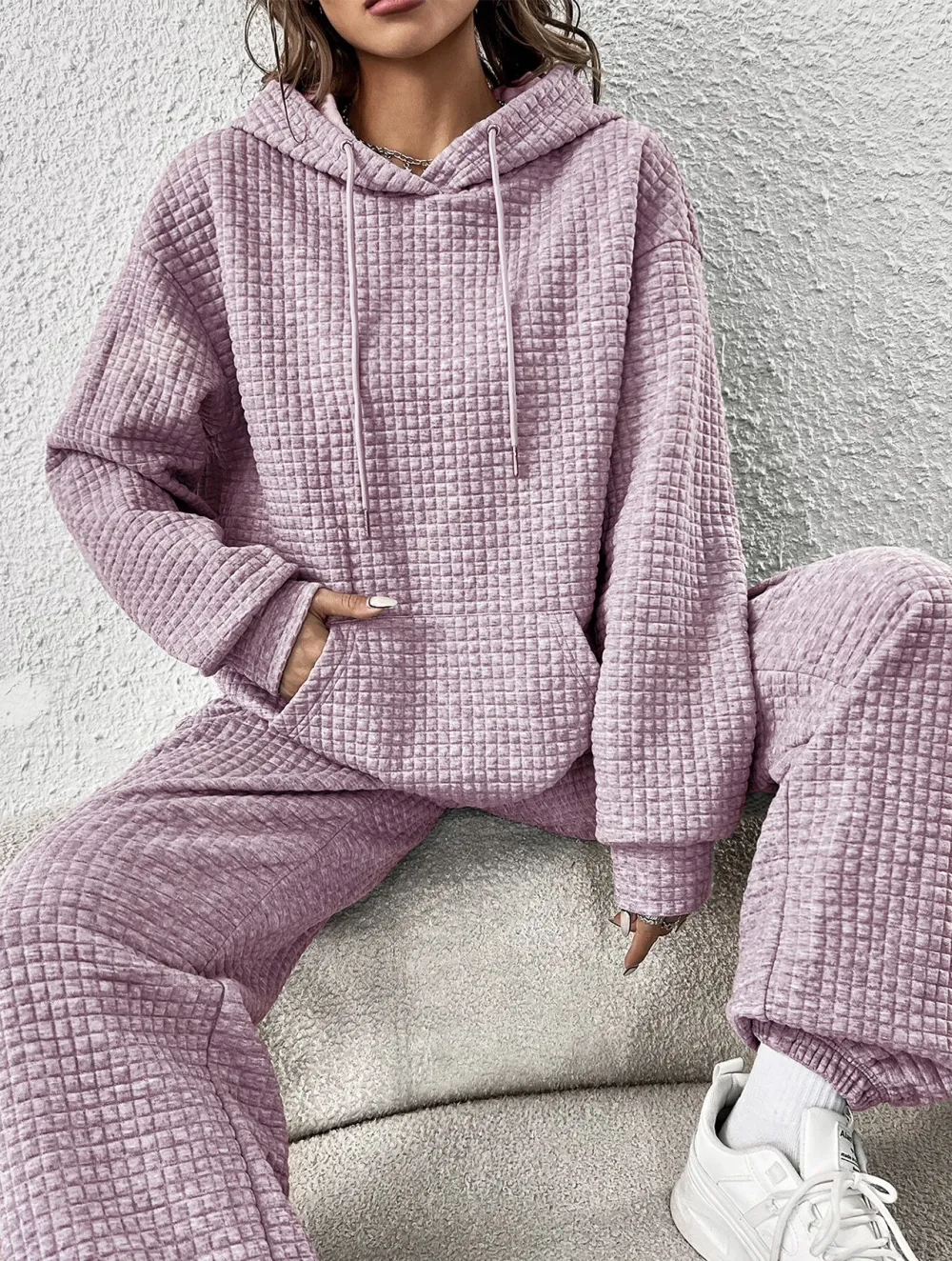 Kangaroo Pocket Drop Shoulder Drawstring Hoodie & Sweatpants