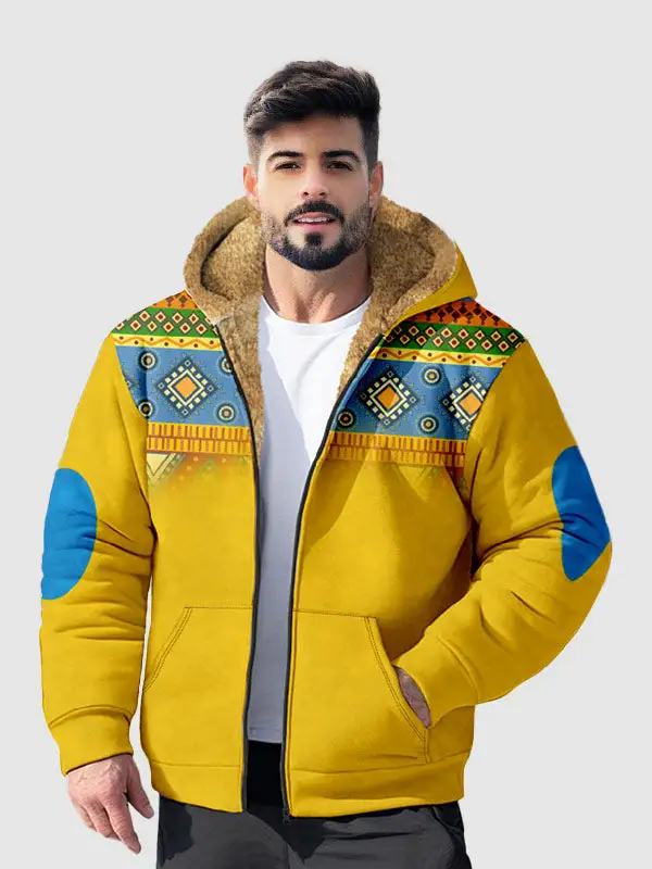 Men's Vintage Fleece Full Zip Western Print Hoodie Jacket
