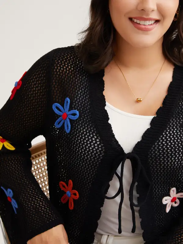 Knit Floral Front Tie Cardigan