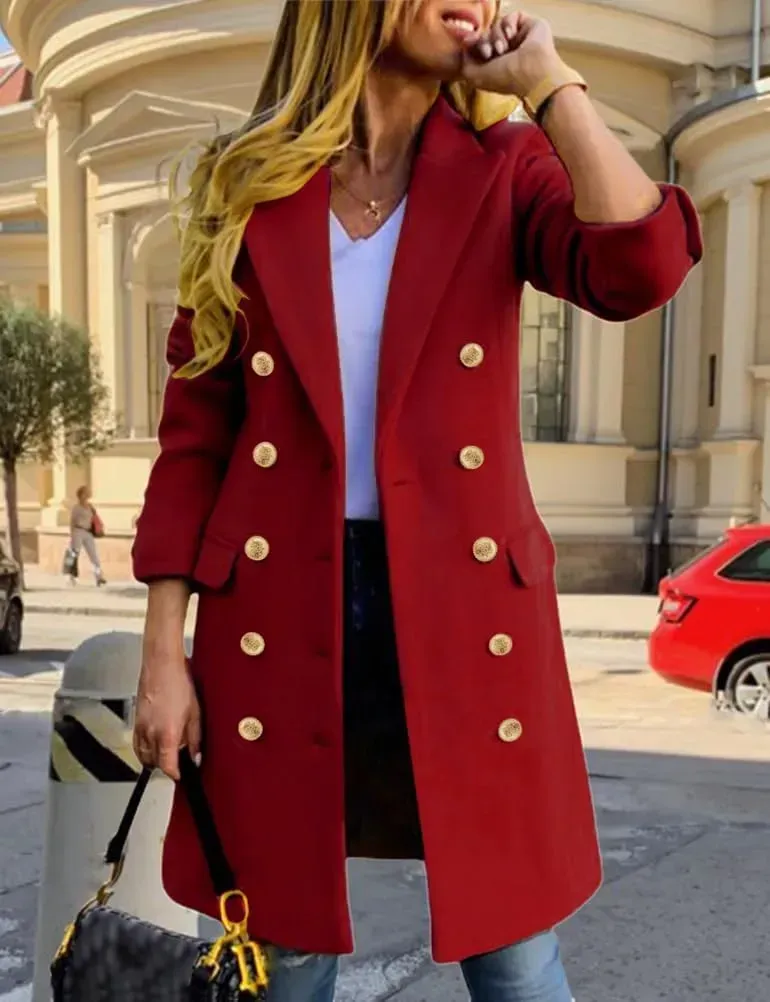 Womens Fall Winter Wool Coats Double Breasted Midi Peacoat Trench Coats