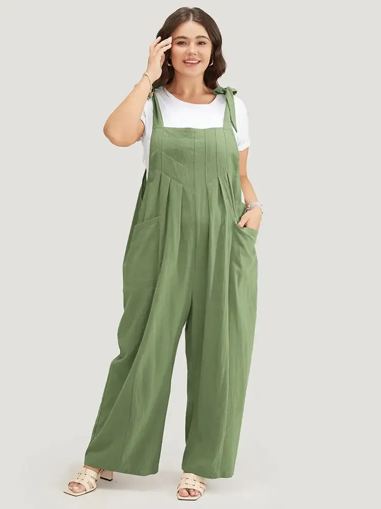 Solid Pleated Detail Pocket Knotted Shoulder Overall Jumpsuit