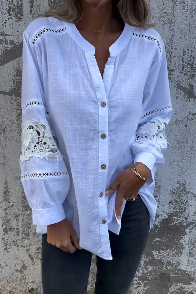 Women's Cotton And Linen Hollow Flower Pattern Shirt