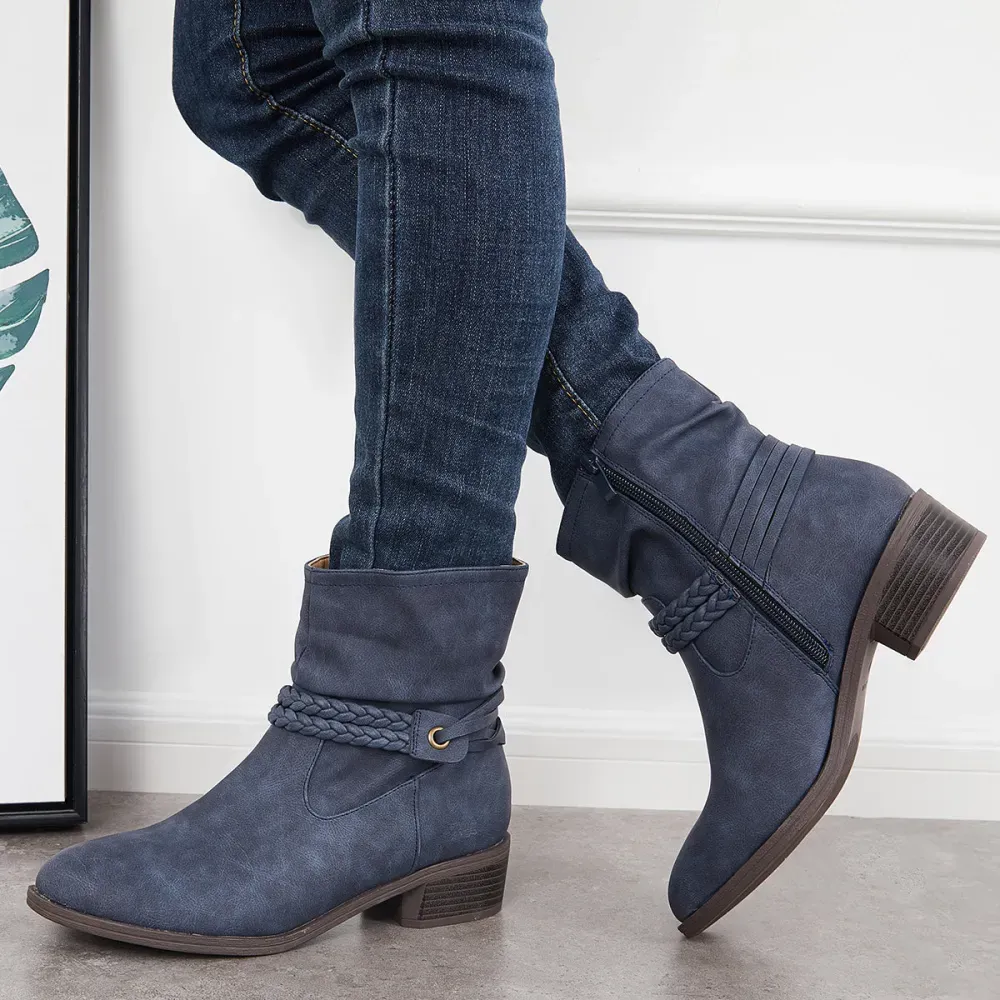 Slouchy Ankle Boots Braided Strap Chunky Block Heel Booties