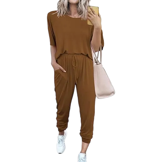 Women’s 2-Piece Summer Lounge Set, Short Sleeve Crew Neck Top & Drawstring Joggers with Pockets, Comfy Tracksuit