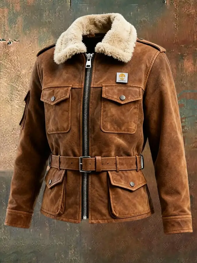 Men's Vintage Suede Plush Jacket (Belt Design)