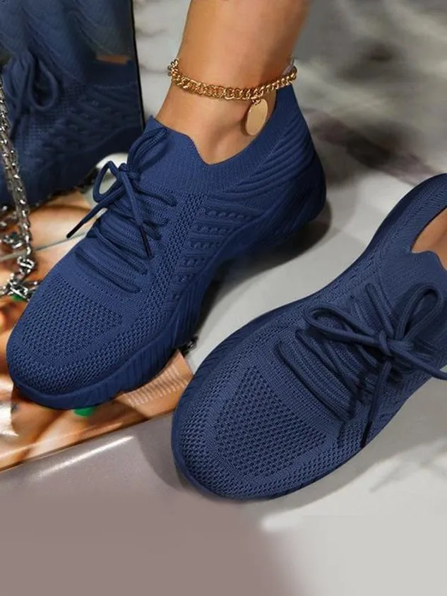Mesh Platform Solid Color Lace-Up Flyknit Lightweight Soft Sole Slip-On Sneakers（⚡Clearance Sale）