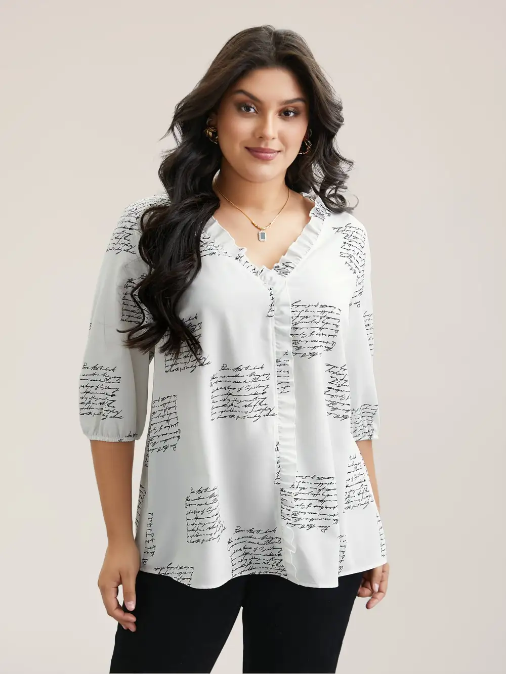 Text Pattern Ruffled Lantern Sleeve Blouse
