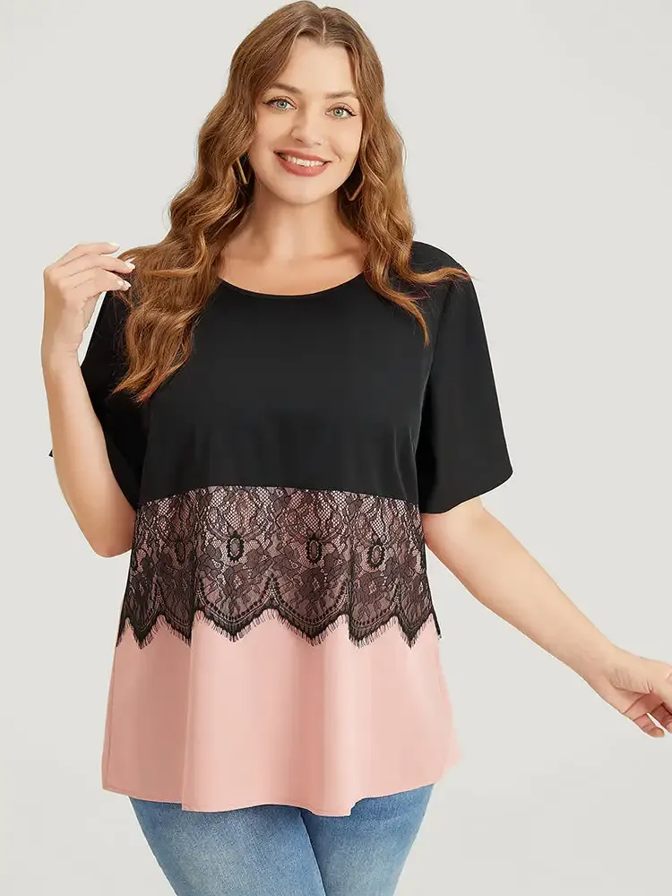 Colorblock Contrast Lace Panel Ruffles Blouse