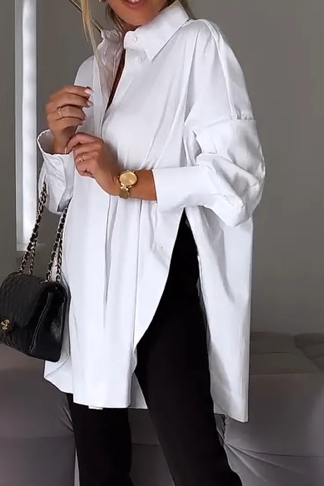 Women's solid color V-neck irregular shirt