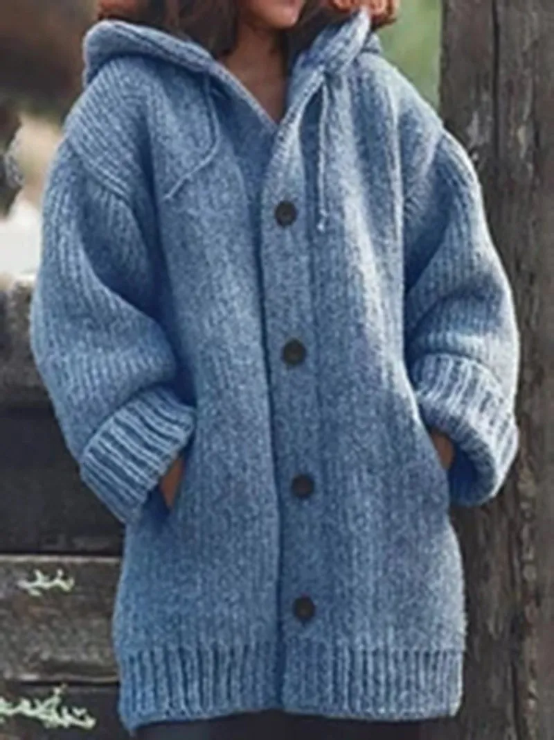 Women's Coats Pocket Button Hooded Sweater Mid-Length Coat