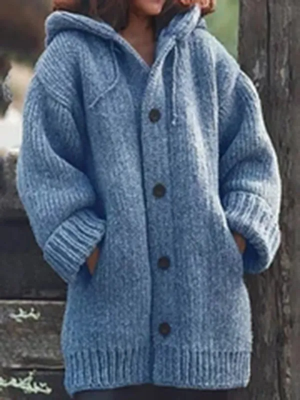 Women's Coats Pocket Button Hooded Sweater Mid-Length Coat