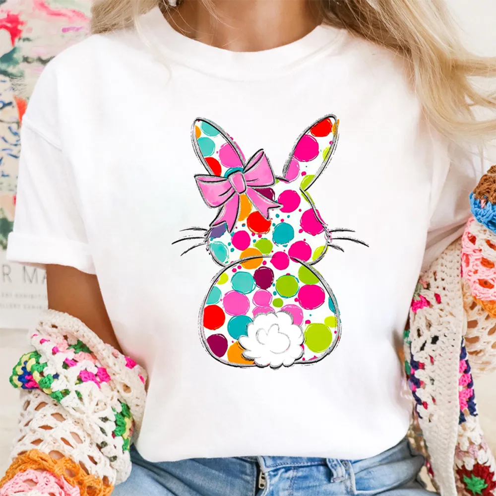 Colorful Easter Bunny Printed Round Neck Short Sleeve T-Shirt