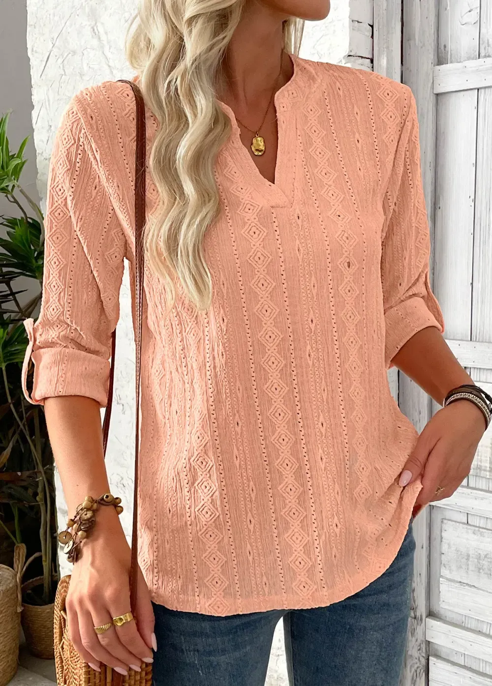 Dusty Pink 3/4 Sleeve Split Neck Blouse