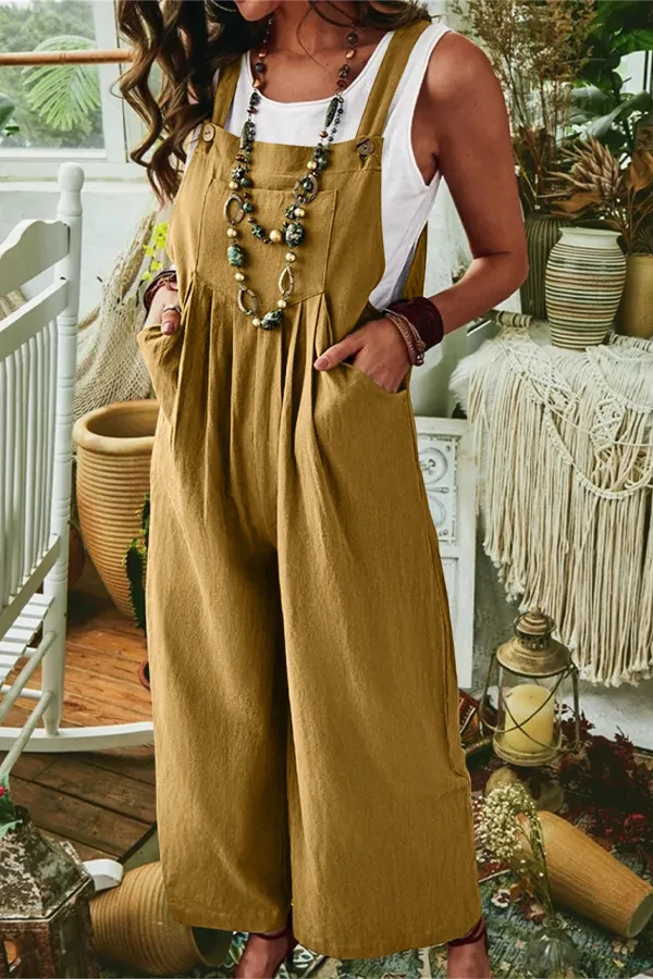 Solid Pocket Design Wide Leg Jumper Overalls