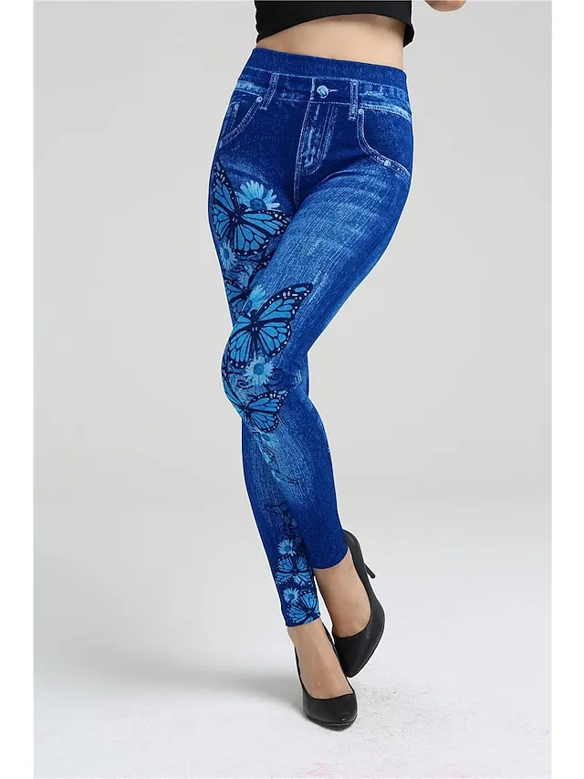 Women's Jeans Skinny Bell Bottom Ankle-Length Faux Denim Print High Elasticity High Waist Tights Casual / Sporty Casual Weekend Blue S M