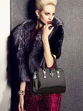 Women's Burgundy Patent Faux Leather Handbag - Croc Embossed Structured Tote Bag with Top Handle and Shoulder Strap, Perfect for Mother's Day Gift, Office, Business and Formal Occasions