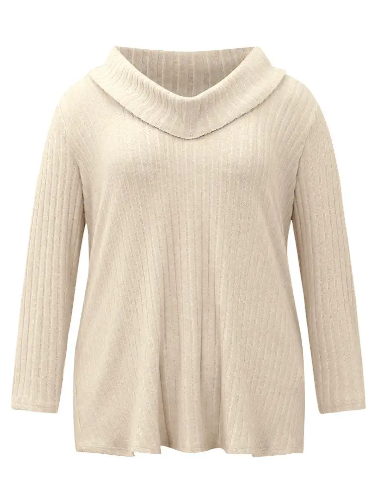 Plain Rib Knit Cowl Neck T-Shirt