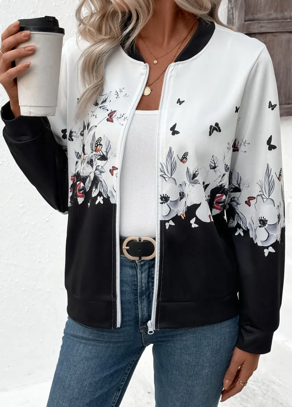 White Zipper Floral Print Long Sleeve Stand Collar Jacket