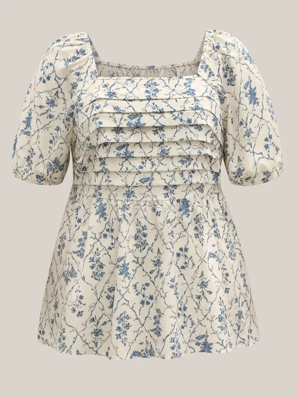 Floral Pleated Bodice Puffy Sleeve Blouse