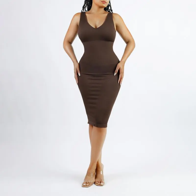 Women’s Seamless V-Neck Maxi Dress with Built-in Shaper-Spaghetti Strap