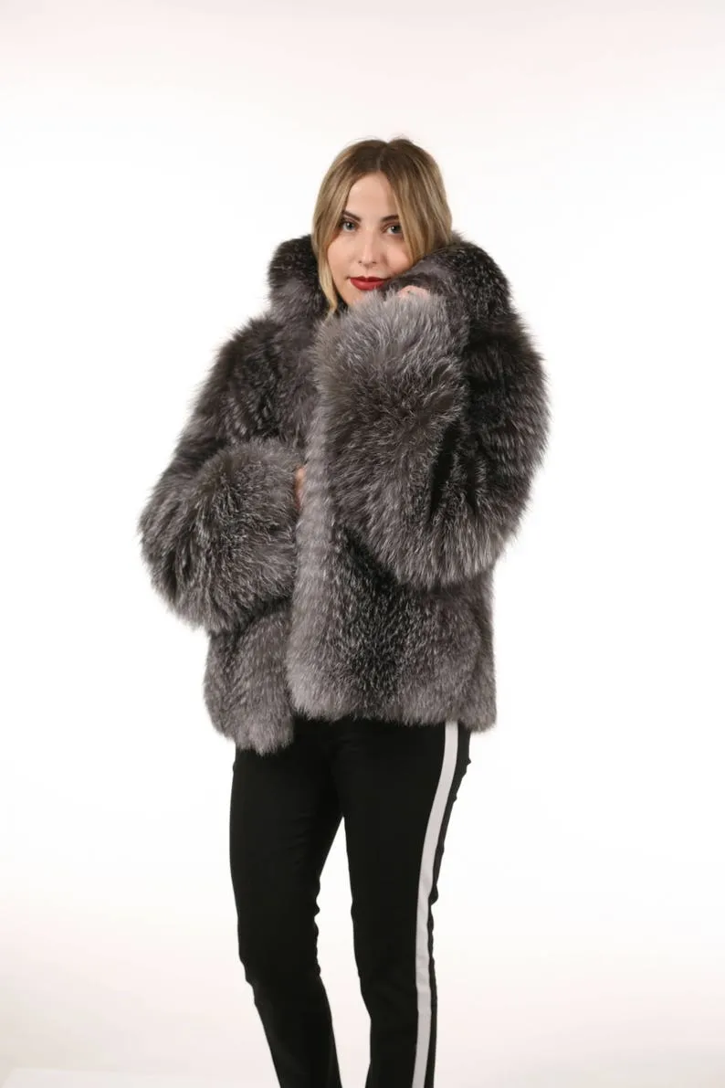 Blue frost Fur Waist Length Jacket